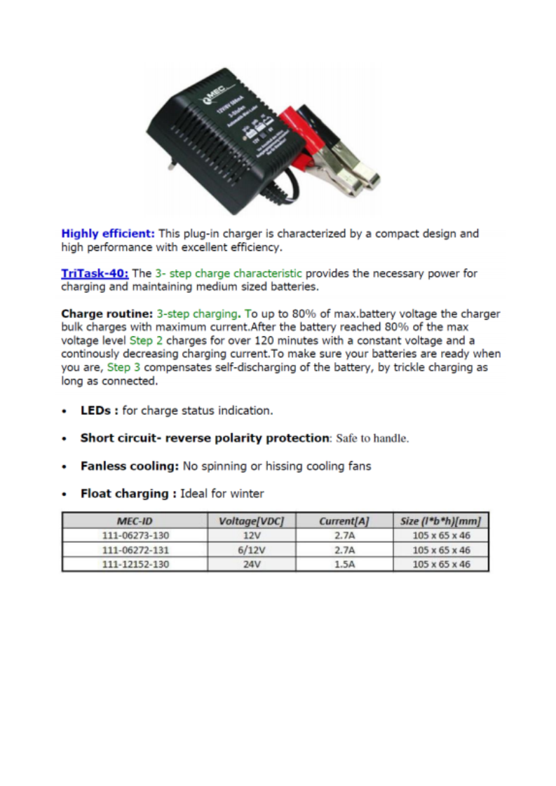 THREE-STEP BATTERY CHARGERS 40W PLUG-IN TYPE 2 THREE-STEP BATTERY CHARGERS 40W PLUG-IN TYPE